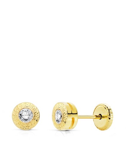 Pendientes Oro Amarillo Chatón Greca Circonita 18k + Greca Amarilla