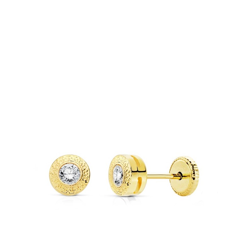Pendientes Oro Amarillo Chatón Greca Circonita 18k + Greca Amarilla