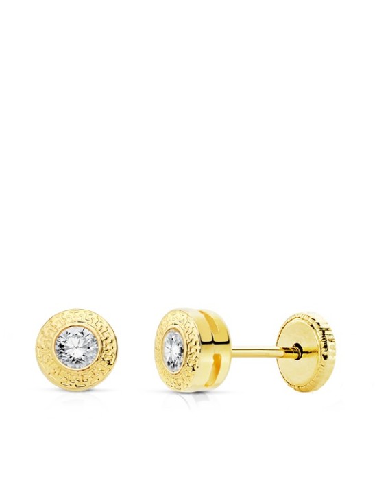 Pendientes Oro Amarillo Chatón Greca Circonita 18k + Greca Amarilla