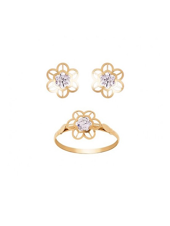 Conjunto Menina Brincos e Anel Ouro Comunhão Elegante