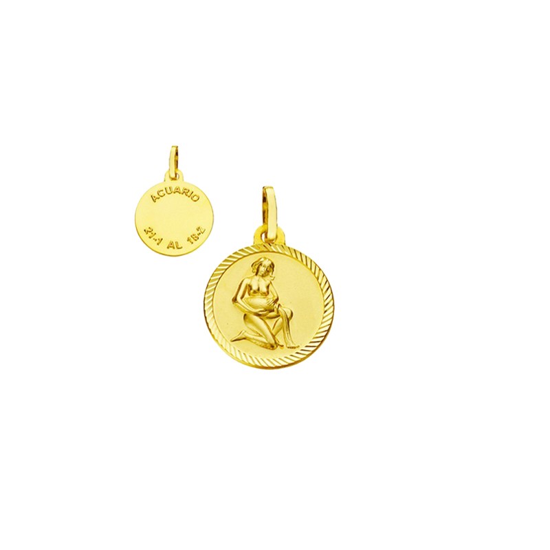 Medalla del Horóscopo Acuario Borde Tallado en Oro | Joyería Parejo