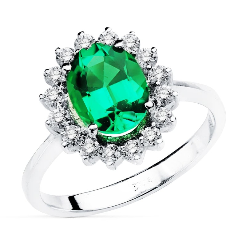 18K Sortija Oro Blanco Esmeralda 9X7 MM 1,74 QT. Diamantes 0,52