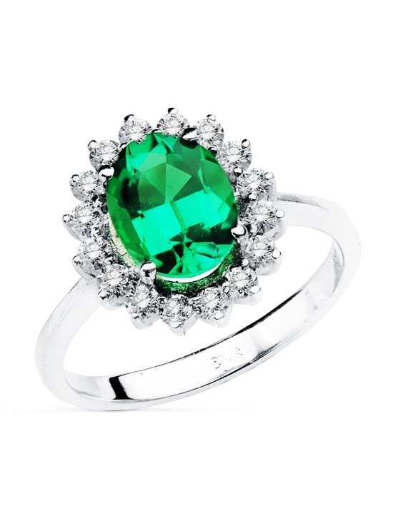 18K Sortija Oro Blanco Esmeralda 9X7 MM 1,74 QT. Diamantes 0,52
