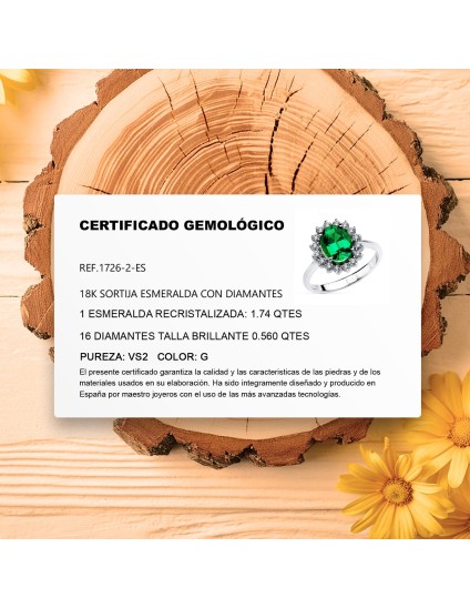 18K Sortija Oro Blanco Esmeralda 9X7 MM 1,74 QT. Diamantes 0,52