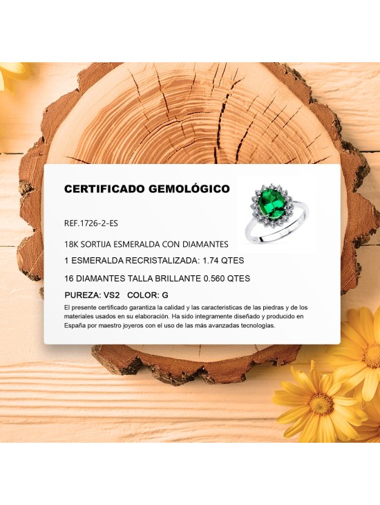 18K Sortija Oro Blanco Esmeralda 9X7 MM 1,74 QT. Diamantes 0,52